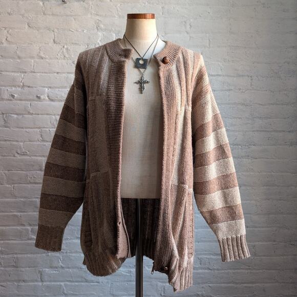 Vintage Sweaters - Vintage Wool Neutral Knit Cardigan Zipper Chunky Stripe Sweater Cozy Shacket